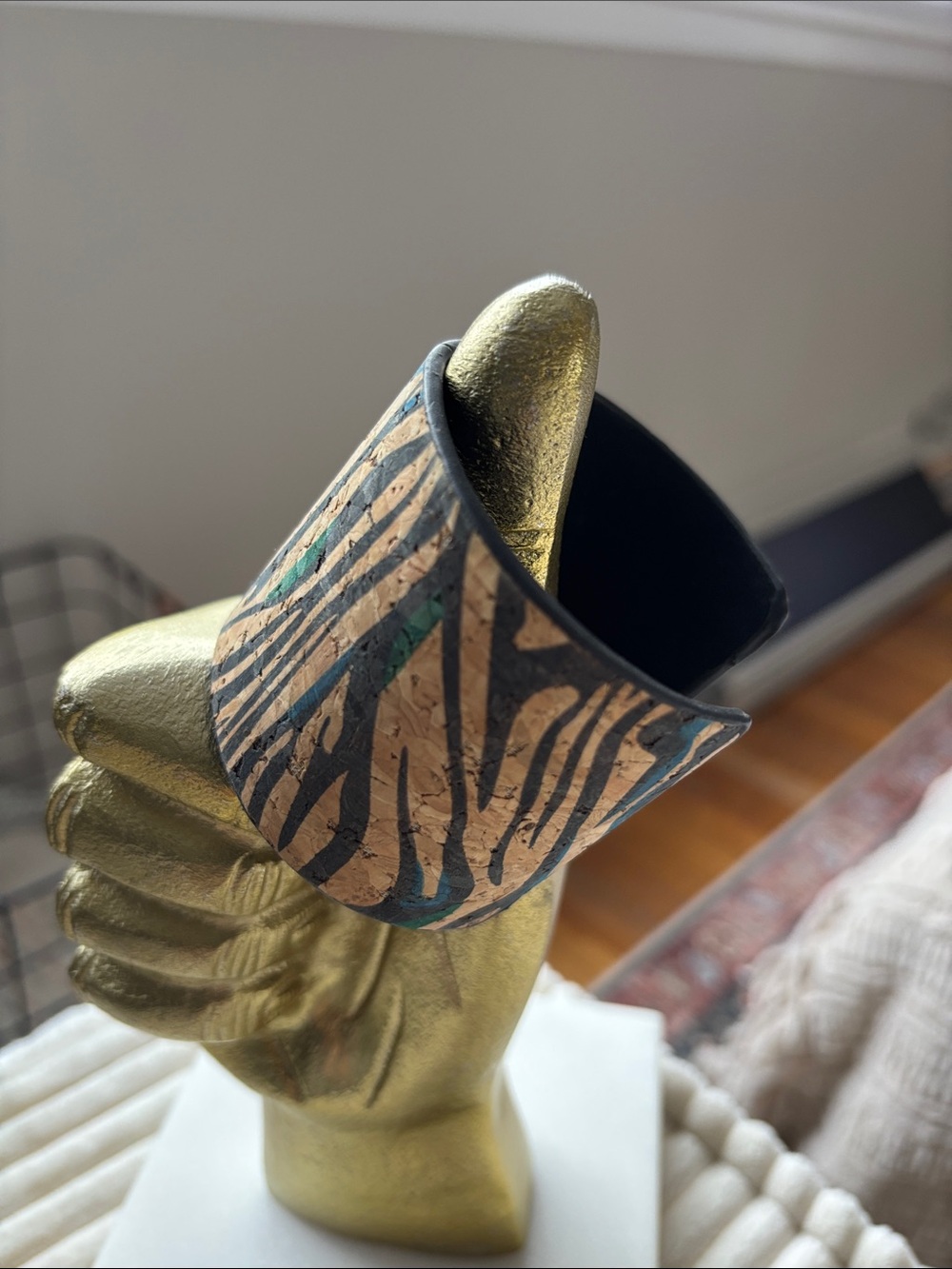 Wide Zebra Print Leather Cuff Bracelet in brown cork  and Teal